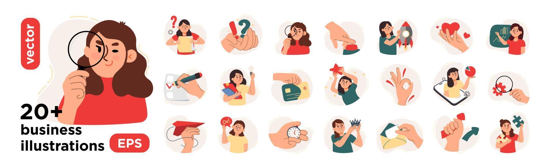 Vector illustrations for social media marketing with characters. The concept of a business idea, startup, organization, brainstorming. Vector illustration isolated on a white background