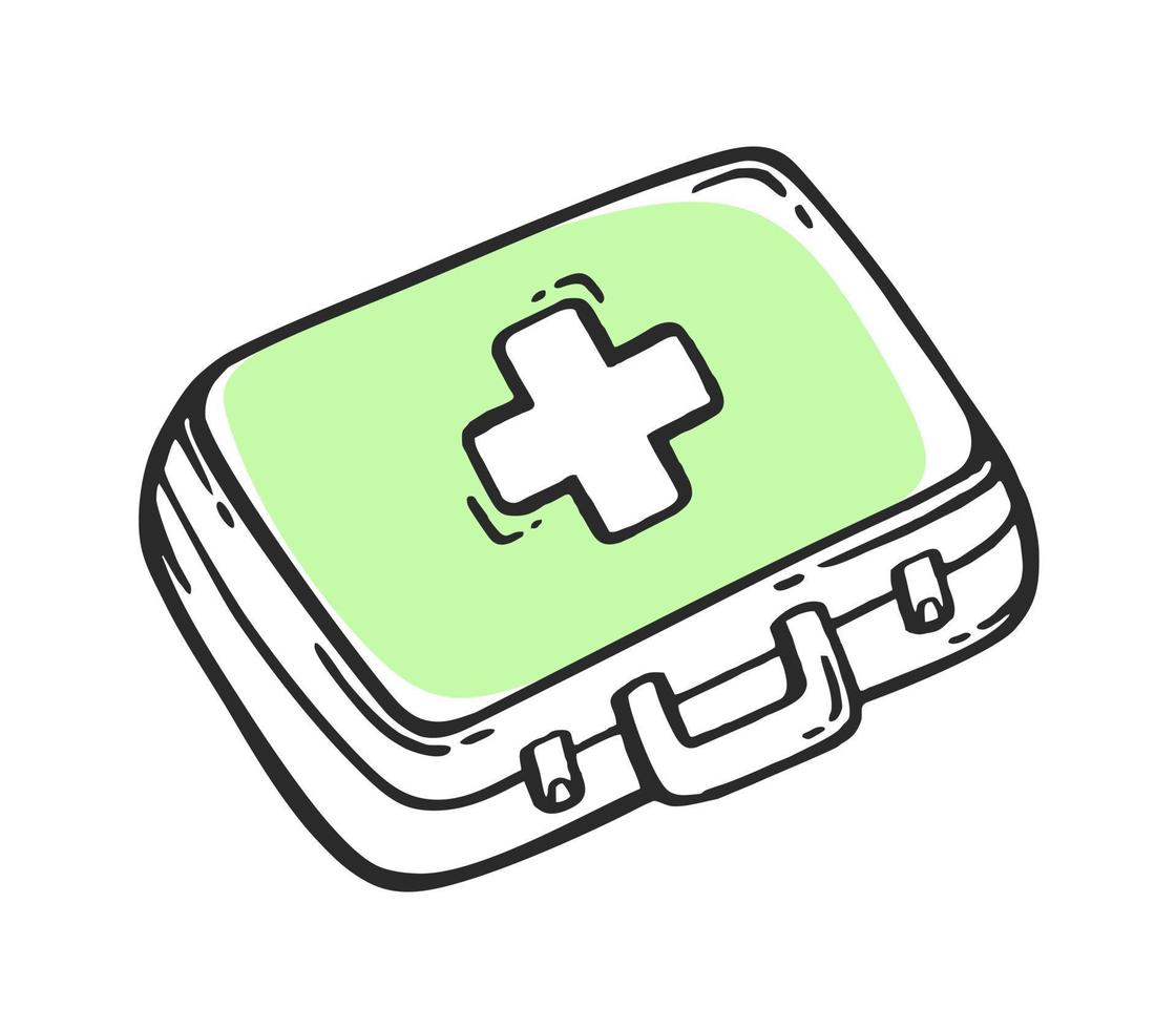 First aid kit suitcase medical pharmaceutical device. Medical devices vector hand drawn illustration