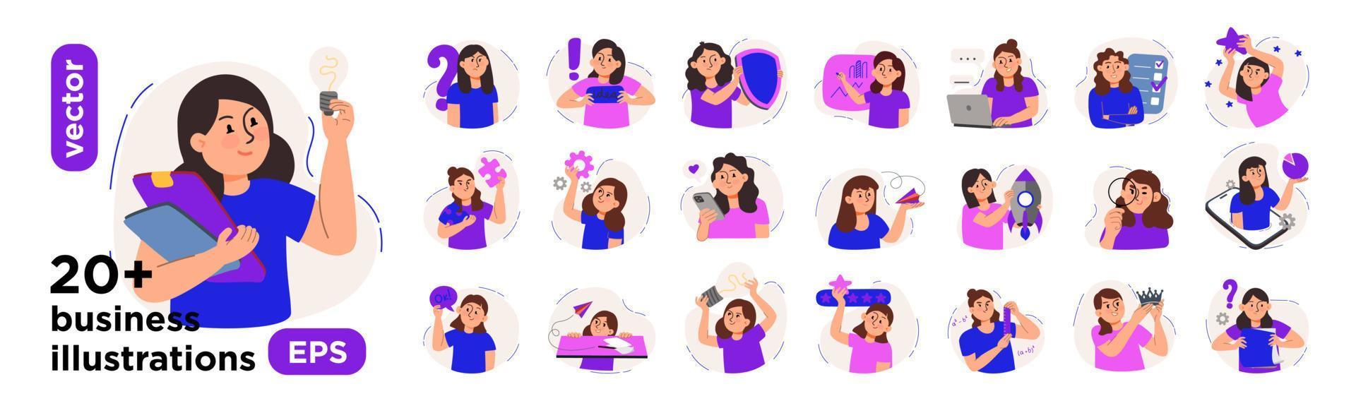 Vector illustrations of digital marketing with characters. The concept of a business idea, startup, organization, brainstorming. Mega set isolated on a white background