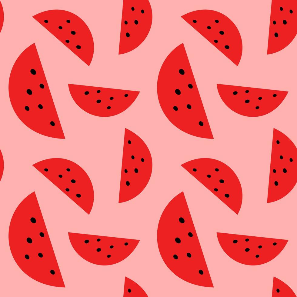 Pink juicy watermelon slices girly seamless pattern. Red fruit pieces with seeds. vector
