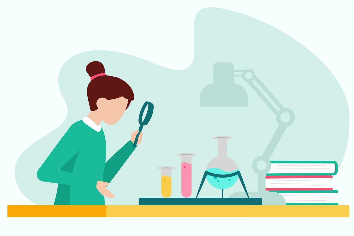 científico mujer trabajando en laboratorio. vector ilustración en plano estilo.