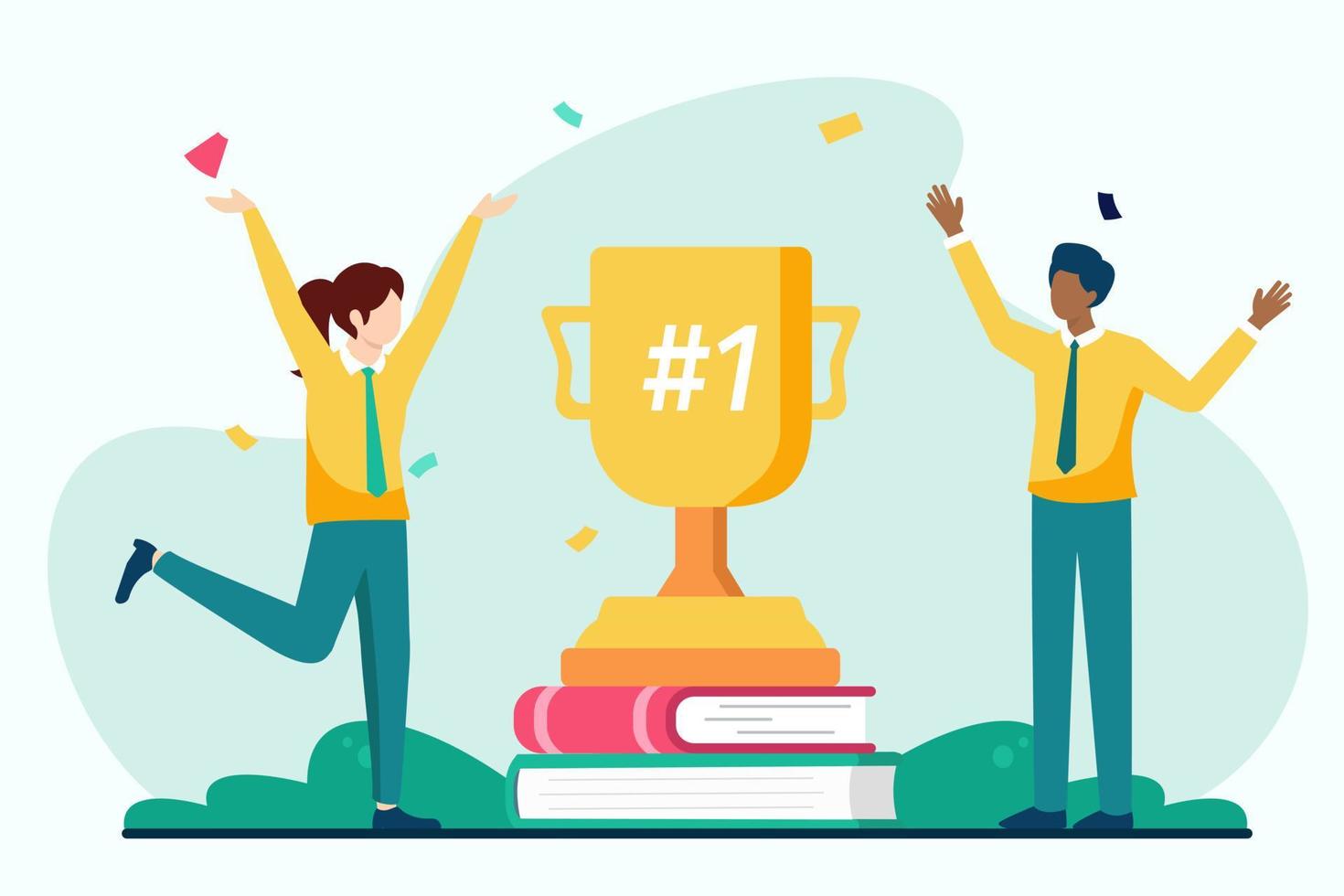 Successful business people celebrating with trophy cup and books. Flat vector illustration.