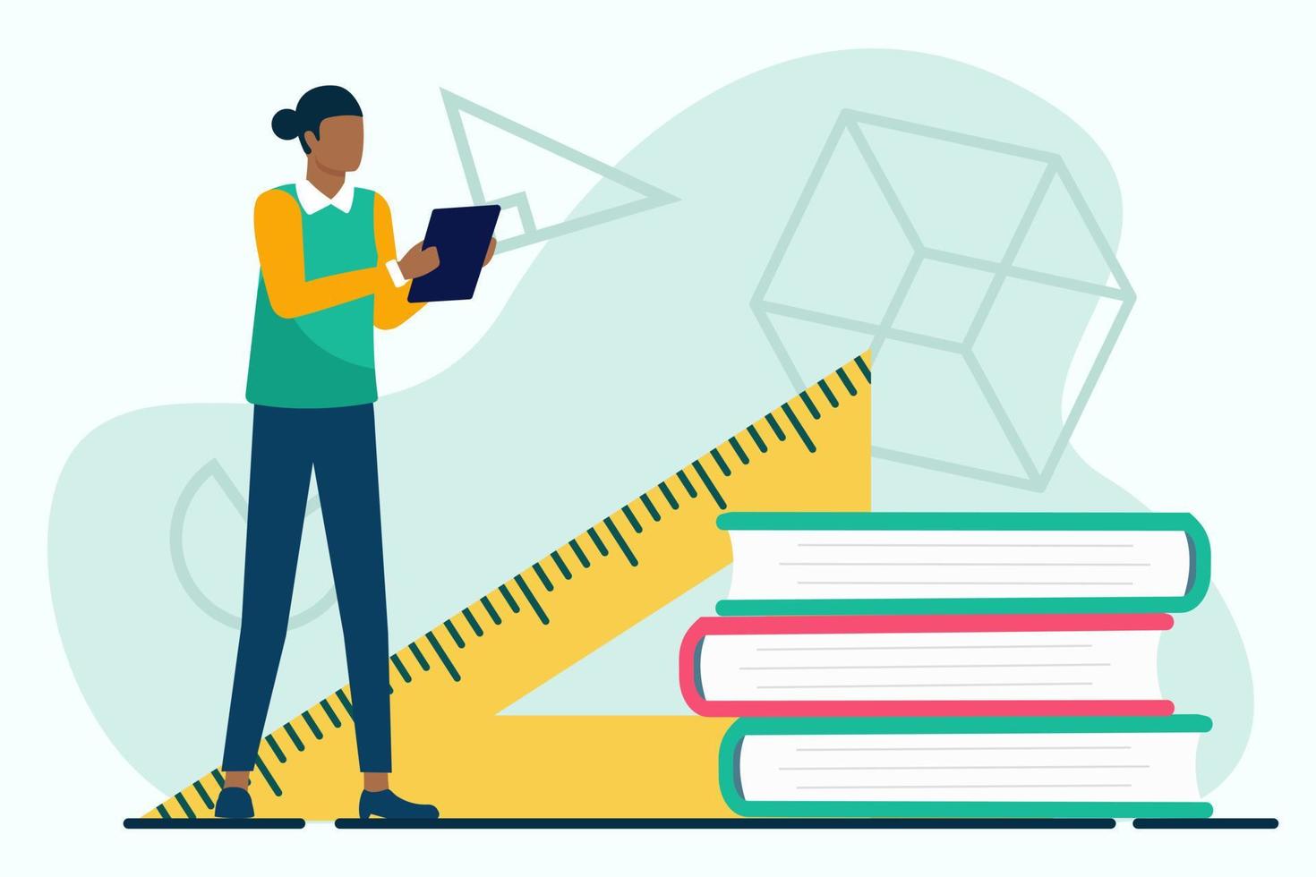 Student with books and ruler. Vector illustration in a flat style.