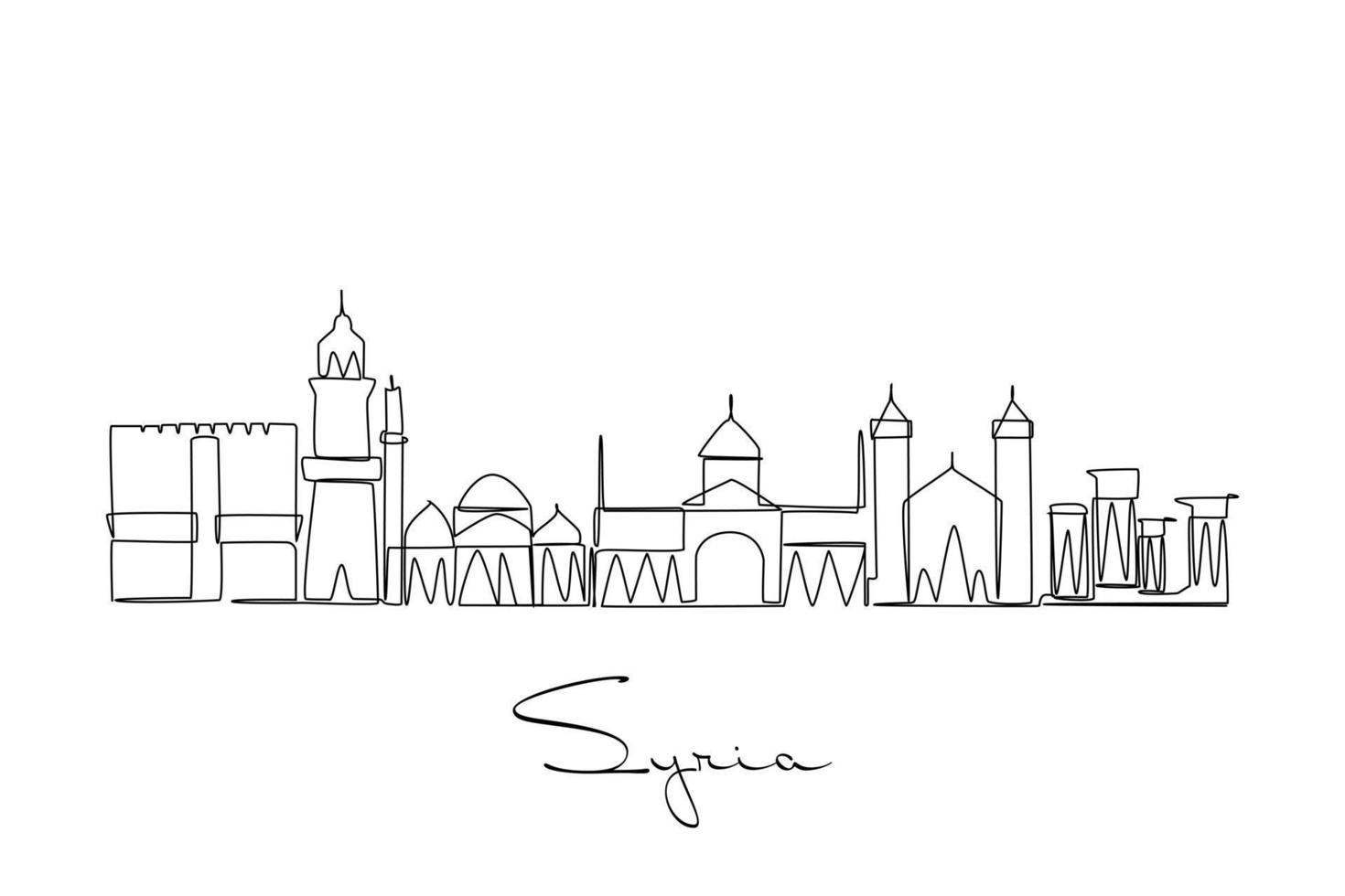 Syria skyline continuous one line drawing. Middle east Asia country for travel destination Vector illustration.
