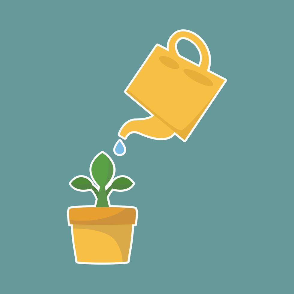 Watering can and plant in pot. Flat design vector illustration.