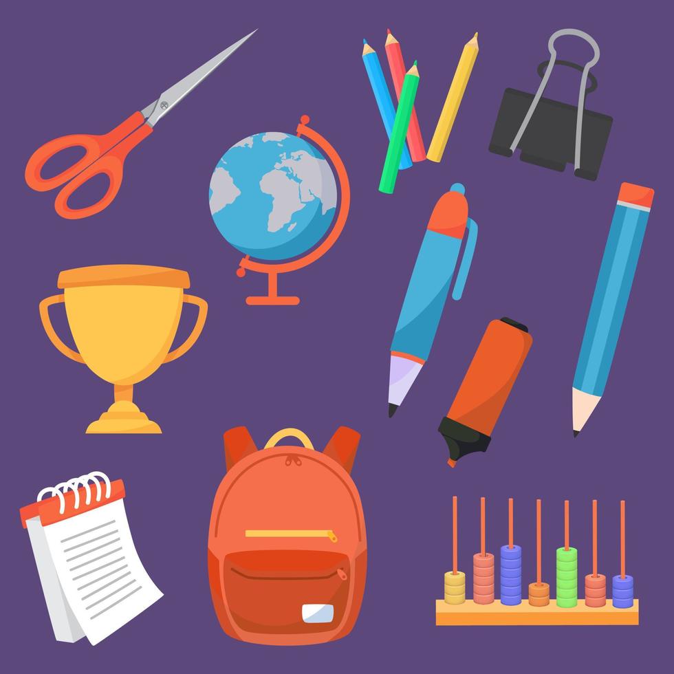 School stuff vector set. Back to school stationary. Supplies for office and education. Equipment for teachers and children.