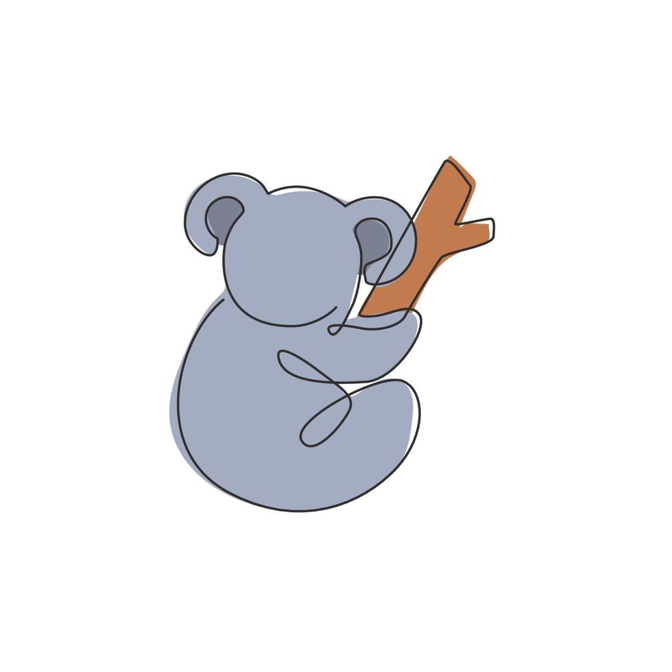 One continuous line drawing of adorable koala on tree for national zoo logo identity. Little bear from Australia mascot concept for conservation park icon. Single line draw design vector illustration