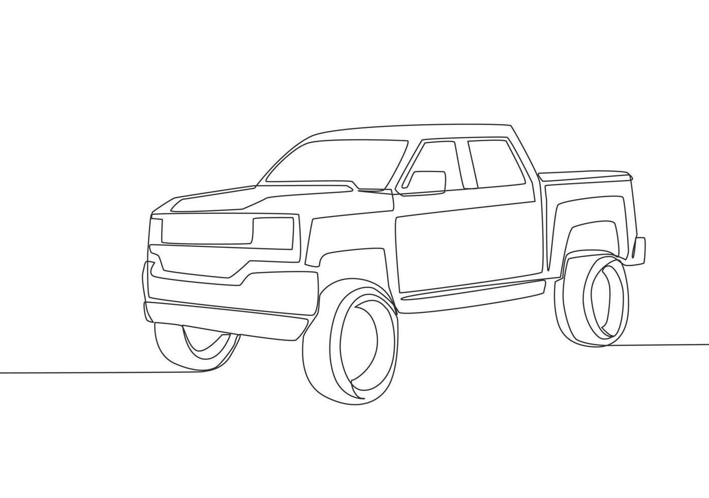 Single line drawing of tough pickup truck car. Cargo logistics carrier vehicle transportation concept. One continuous line draw design vector