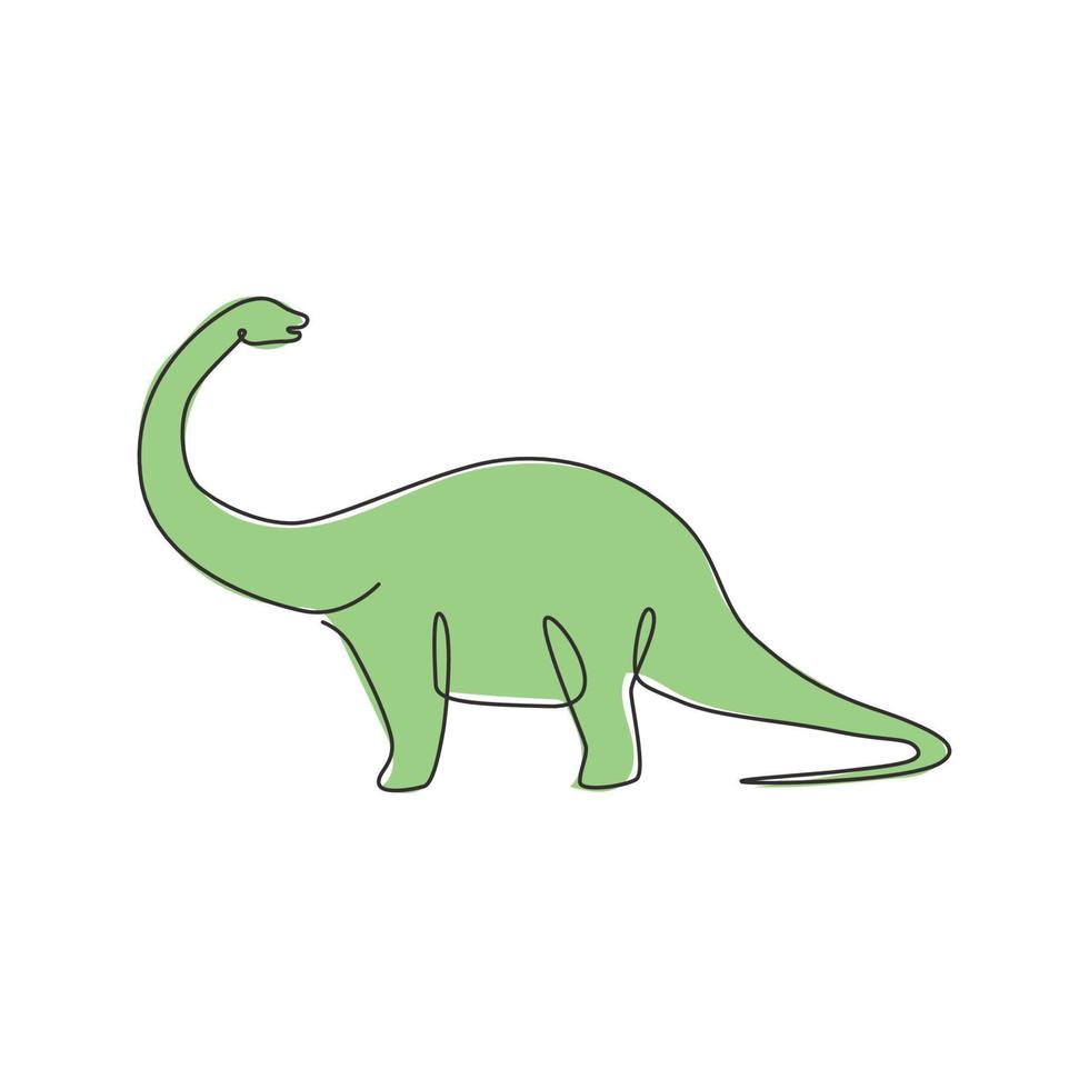 One continuous line drawing of giant brontosaurus prehistory animal with long neck for logo identity. Dinosaurs mascot concept for prehistoric museum icon. Single line draw design vector illustration