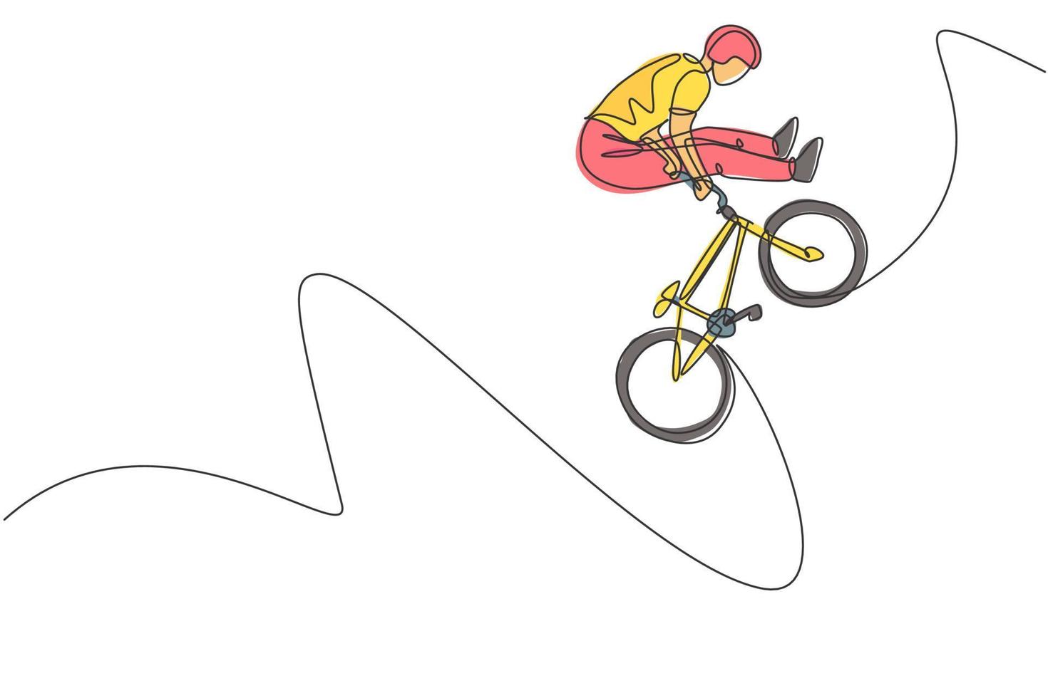 One continuous line drawing of young BMX bicycle rider does jumping into the air trick at skatepark. Extreme sport concept vector illustration. Single line draw design for event promotion art poster