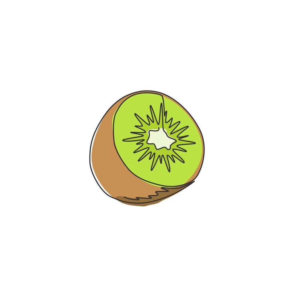 One single line drawing half sliced healthy organic kiwi for orchard logo identity. Fresh exotic fruitage concept for fruit garden icon. Modern continuous line draw design vector graphic illustration