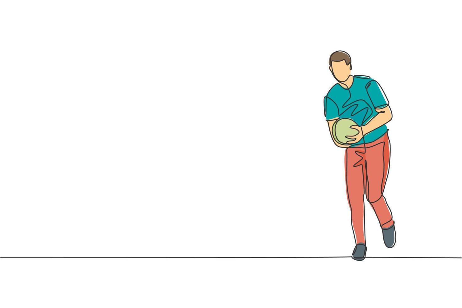 un dibujo de línea continua de un joven jugador de bolos feliz que tira la pelota al carril para golpear el alfiler. concepto de actividad de estilo de vida y deporte saludable. Ilustración de vector de diseño de dibujo de línea única dinámica