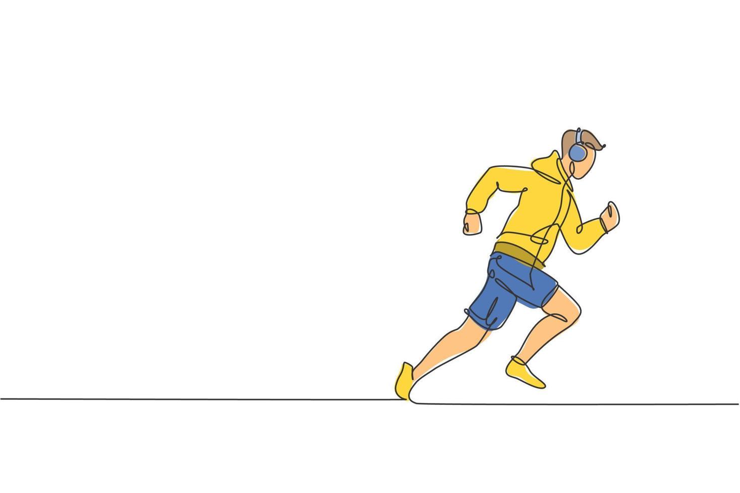 un dibujo de una sola línea de un joven corredor enérgico correr relajarse mientras escucha música vector ilustración. concepto de entrenamiento deportivo de salud. diseño moderno de dibujo de línea continua para ejecutar banner de campaña