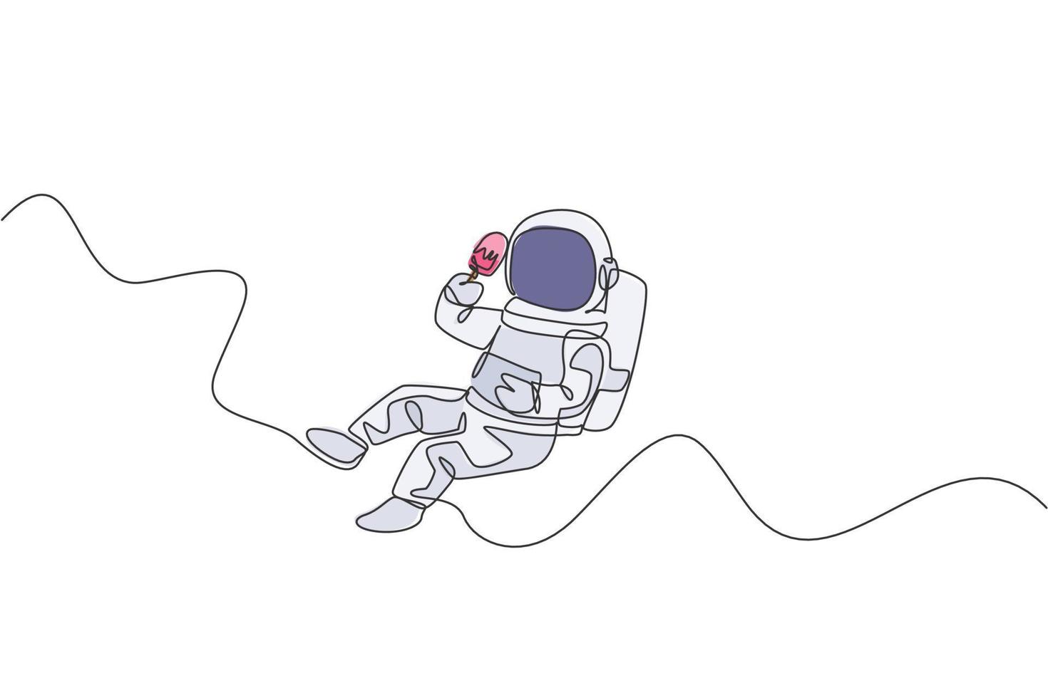 One single line drawing astronaut flying relax in cosmos galaxy while eating sweet popsicle ice cream graphic vector illustration. Fantasy outer space life concept. Modern continuous line draw design