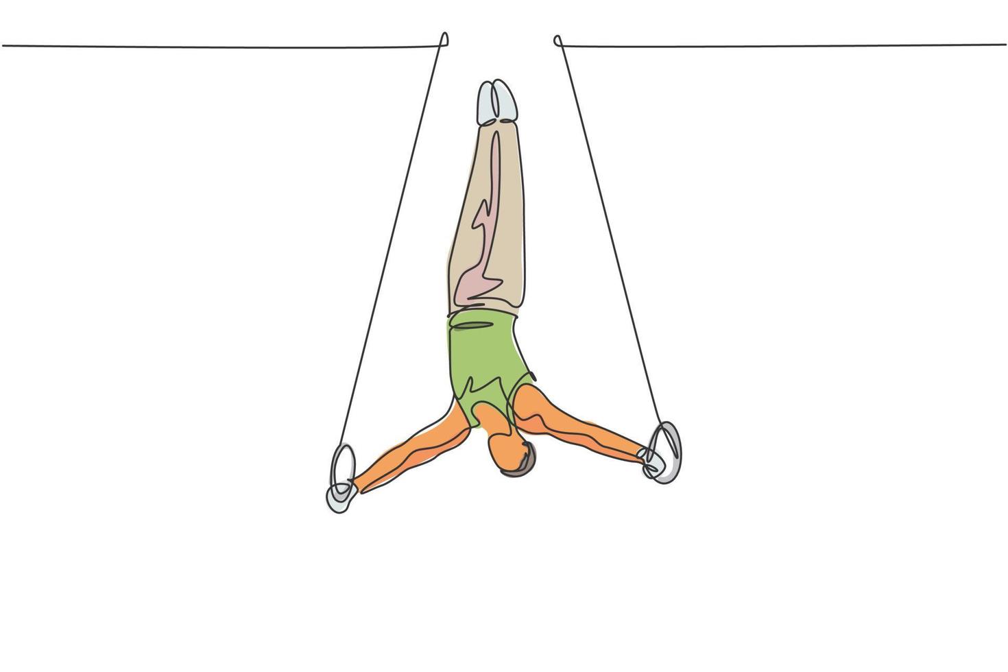 One continuous line drawing of young man exercising steady rings at gymnastic. Gymnast athlete in leotard. Healthy sport and active concept. Dynamic single line draw design vector illustration graphic