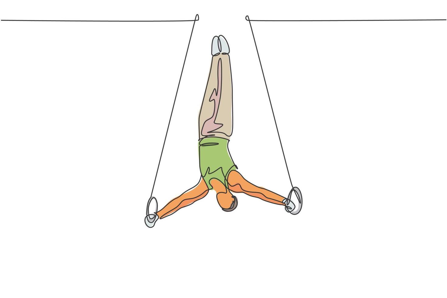 un dibujo de línea continua de un joven ejerciendo anillos constantes en gimnasia. atleta gimnasta en leotardo. deporte saludable y concepto activo. Gráfico dinámico de ilustración vectorial de diseño de dibujo de una sola línea vector