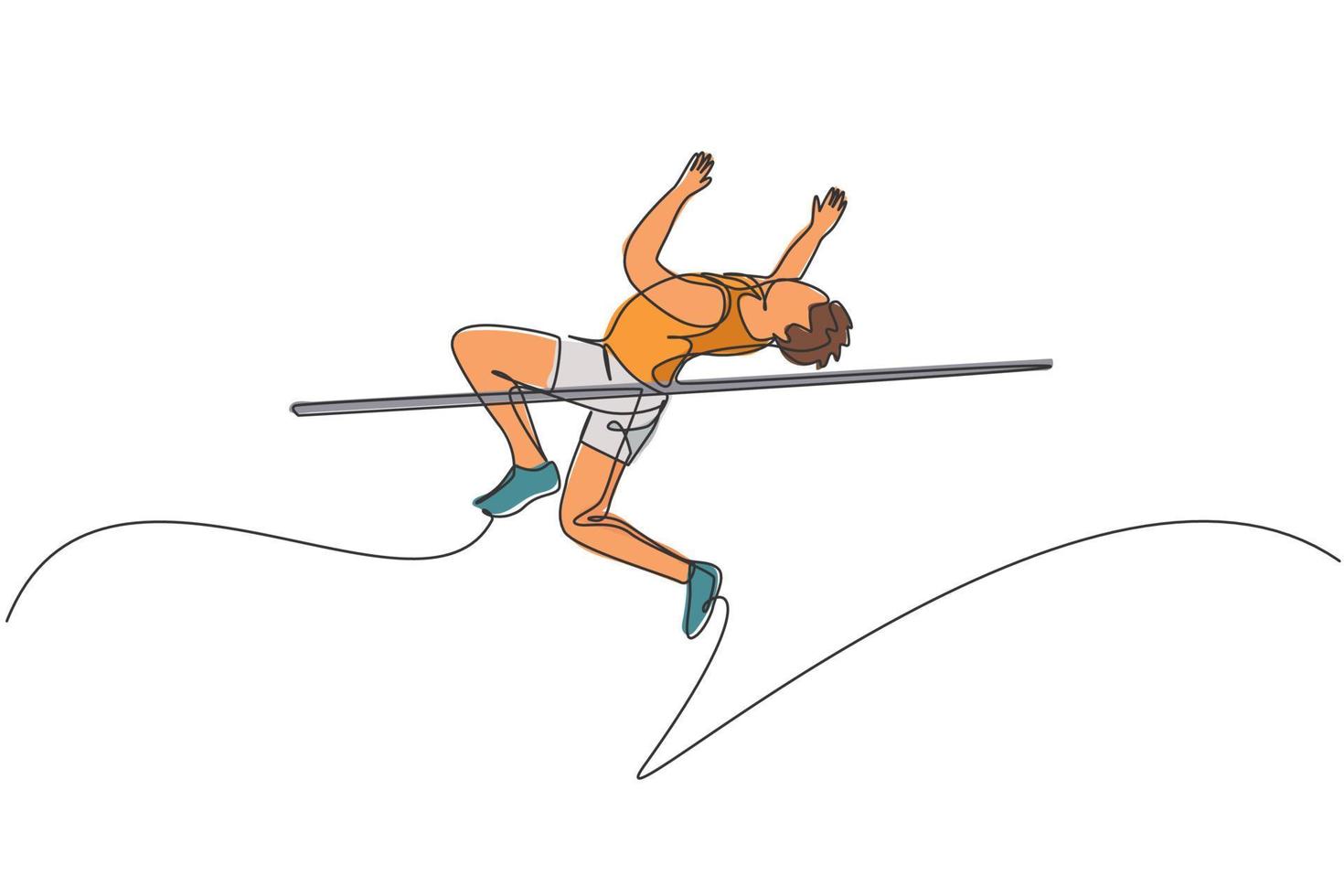 One continuous line drawing of young sporty man practicing high jump games in the field. Healthy athletic sport concept. Championship event. Dynamic single line draw design vector illustration graphic