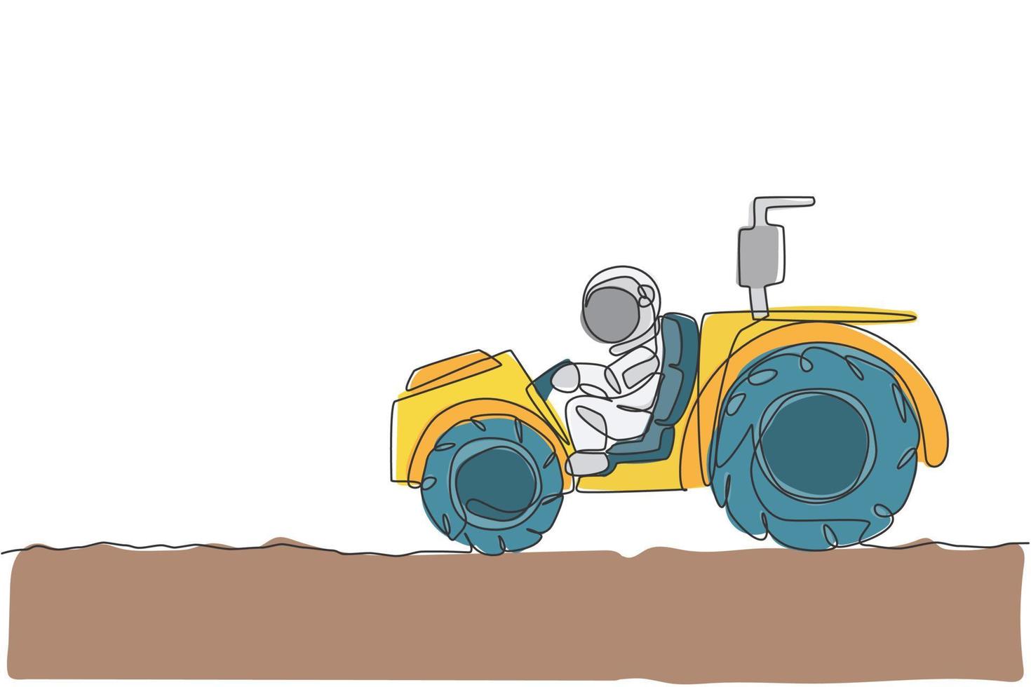 One single line drawing of astronaut riding tractor to leveling and flattening the ground in moon surface vector illustration. Outer space farming concept. Modern continuous line graphic draw design
