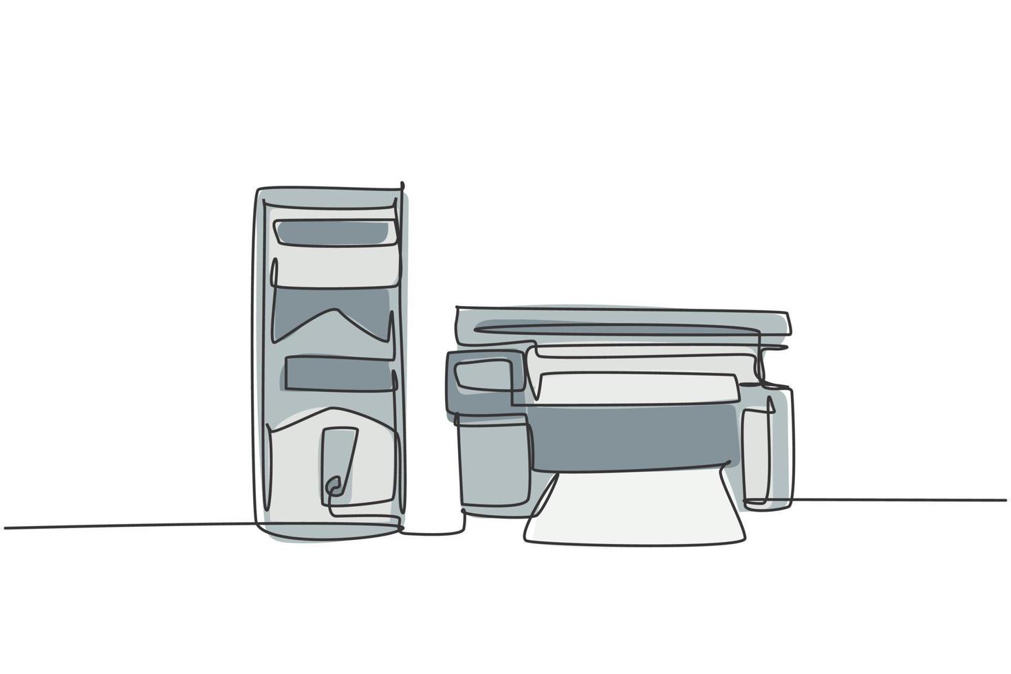 One single line drawing of cpu computer and printer to support business at company. Electricity small home office equipment tools concept. Dynamic continuous line draw vector design illustration