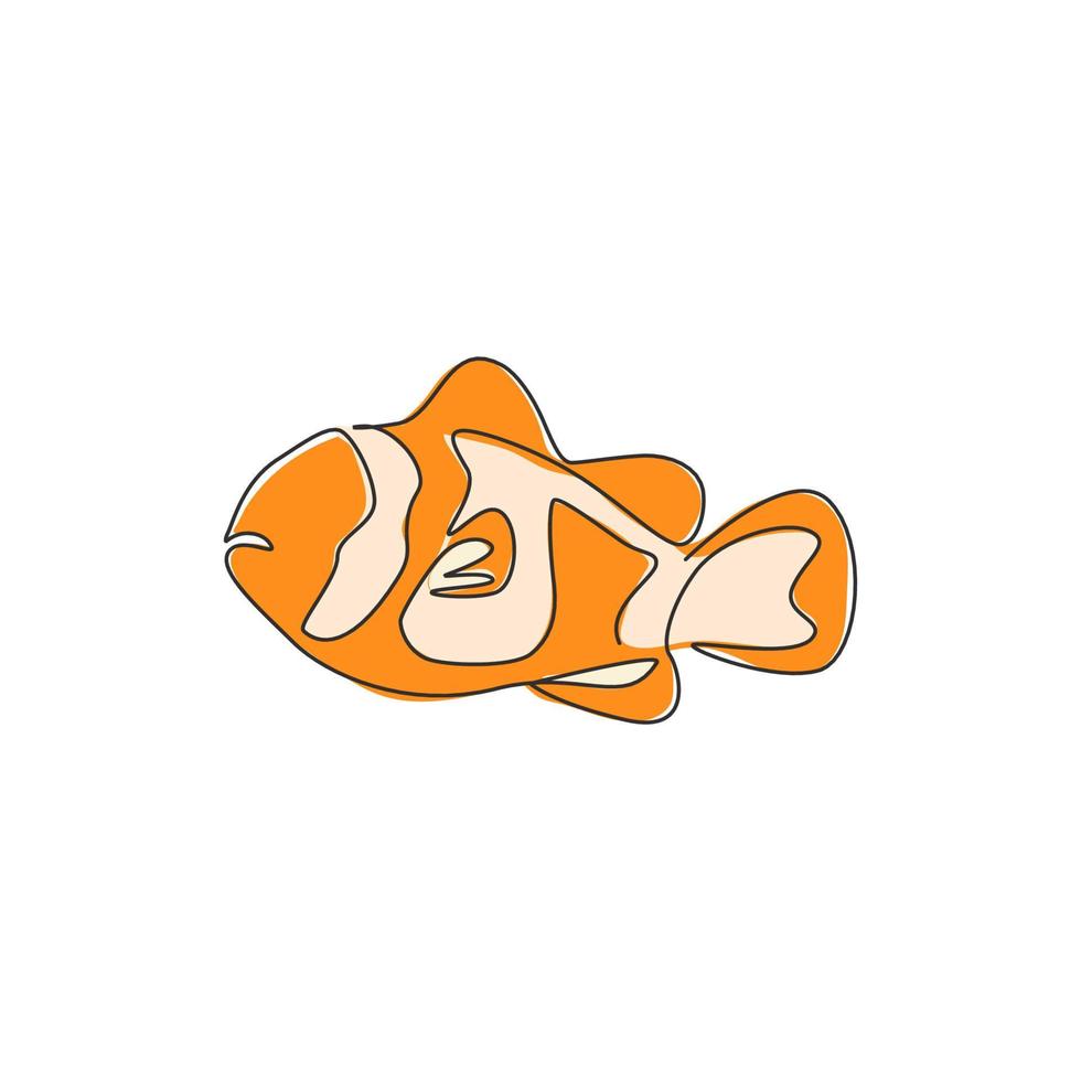 One continuous line drawing of adorable clown fish for sea water aquarium logo identity. Stripped anemonefish mascot concept for aquatic show icon. Modern single line draw design vector illustration