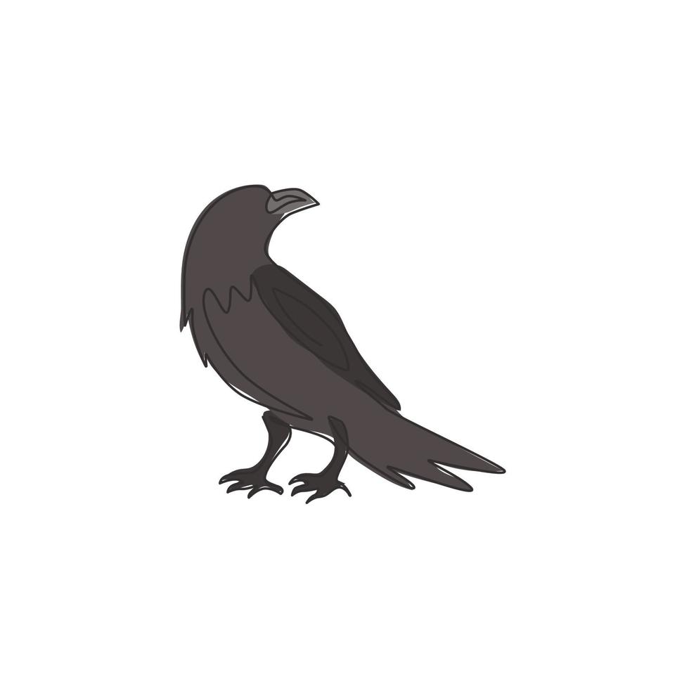 un dibujo de línea continua de cuervo negro para la identidad del logotipo de la casa fantasma. concepto de la mascota del pájaro del cuervo para el icono del cementerio. Ilustración de diseño gráfico de vector de dibujo de una sola línea moderna