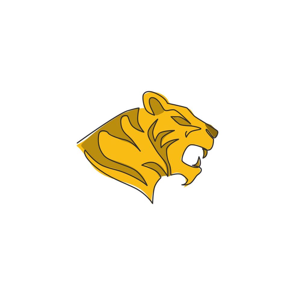 One continuous line drawing of African tiger head for company logo identity. Strong feline mammal animal mascot concept for national safari zoo. Single line draw vector graphic design illustration