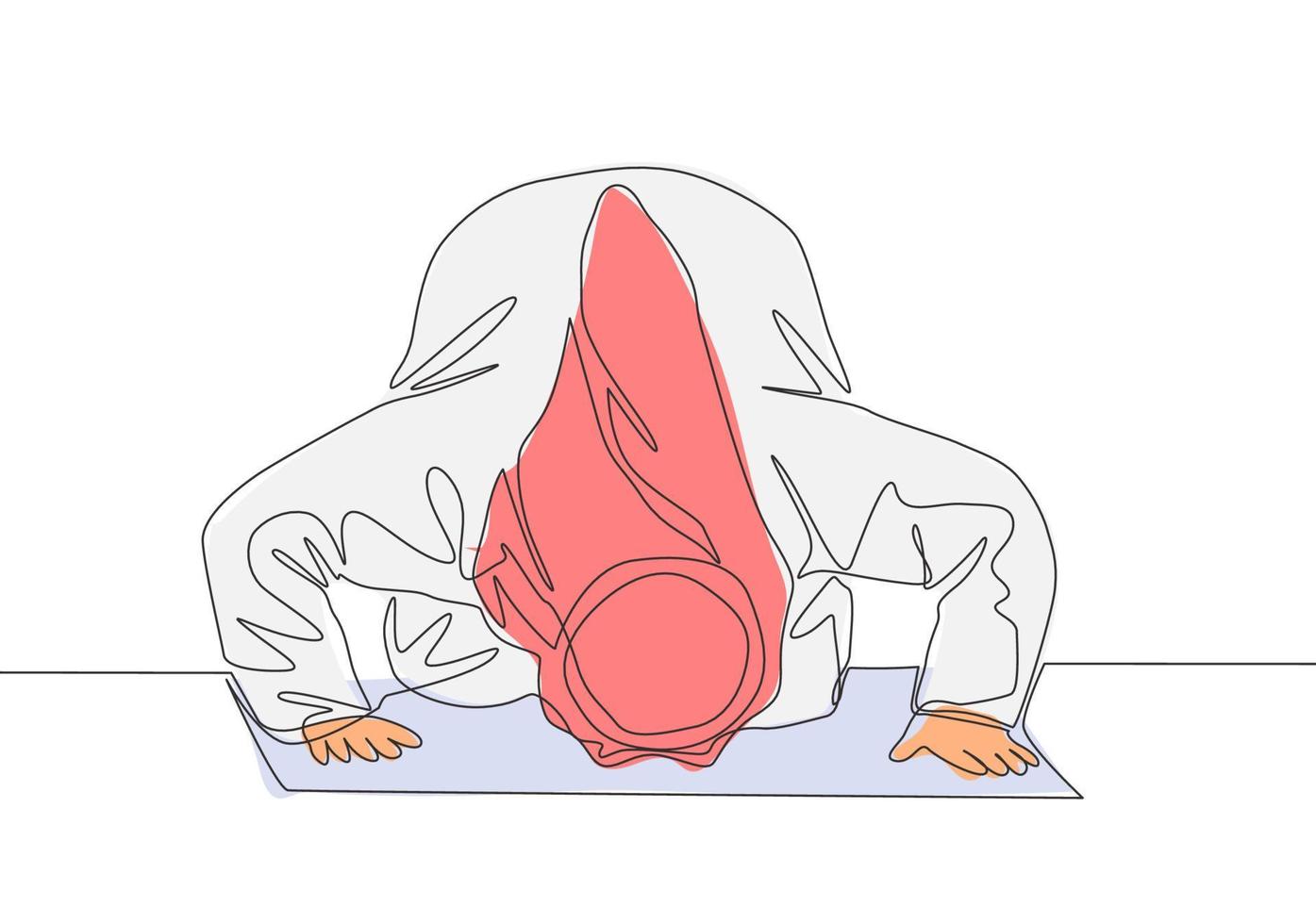 Single continuous line drawing of muslim person praying, doa sujud movement on pray. Sajadah worshiping of Islamic person concept one line draw design vector illustration