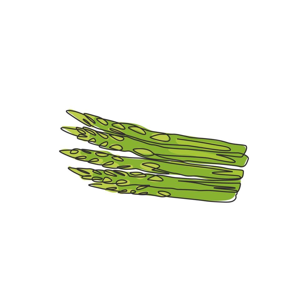 One single line drawing of whole healthy organic asparagus for farm logo identity. Fresh garden asparagus concept for vegetable icon. Modern continuous line draw graphic design vector illustration