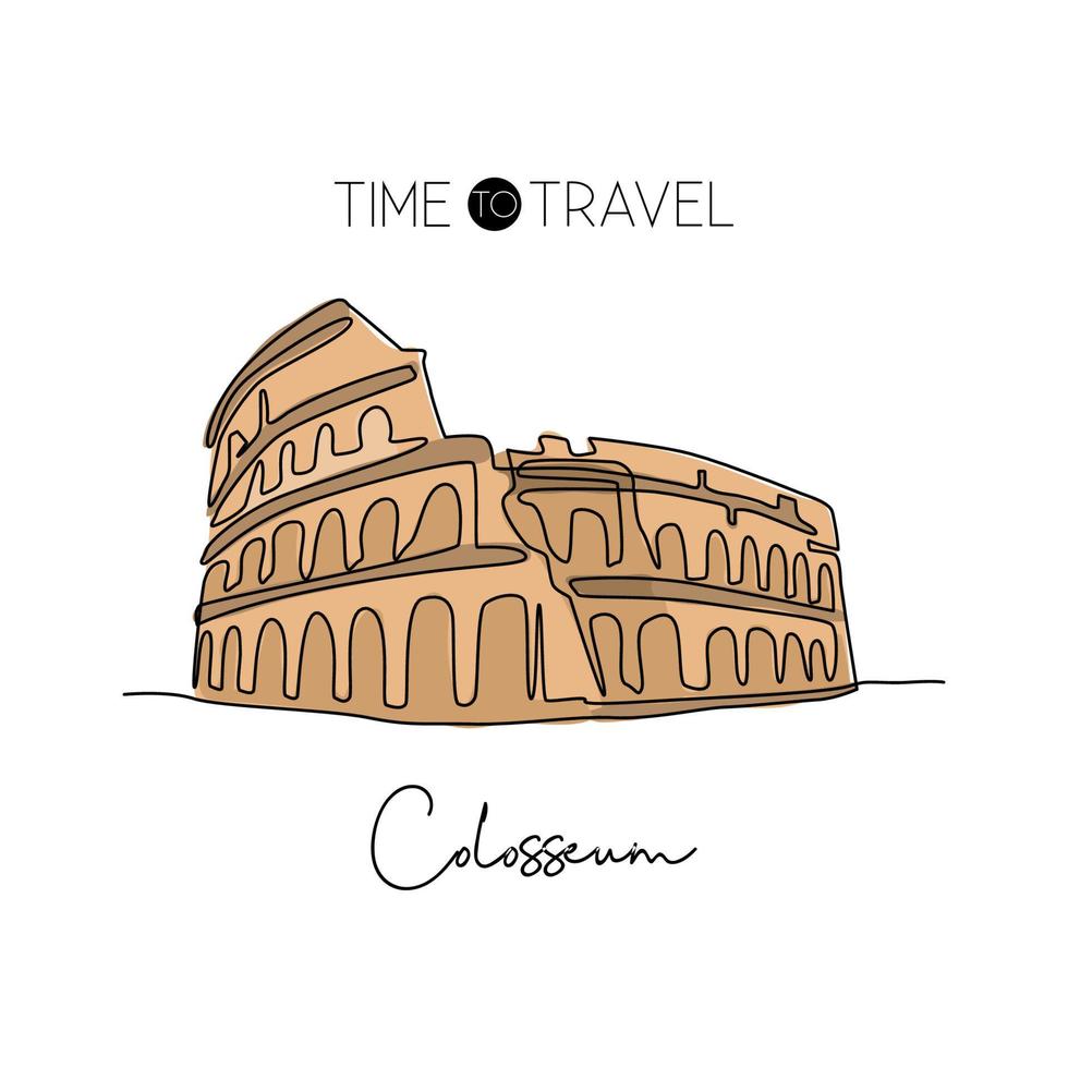 One continuous line drawing Colosseum amphitheater landmark. Historical iconic place in Rome. Holiday vacation home wall decor poster print concept. Modern single line draw design vector illustration