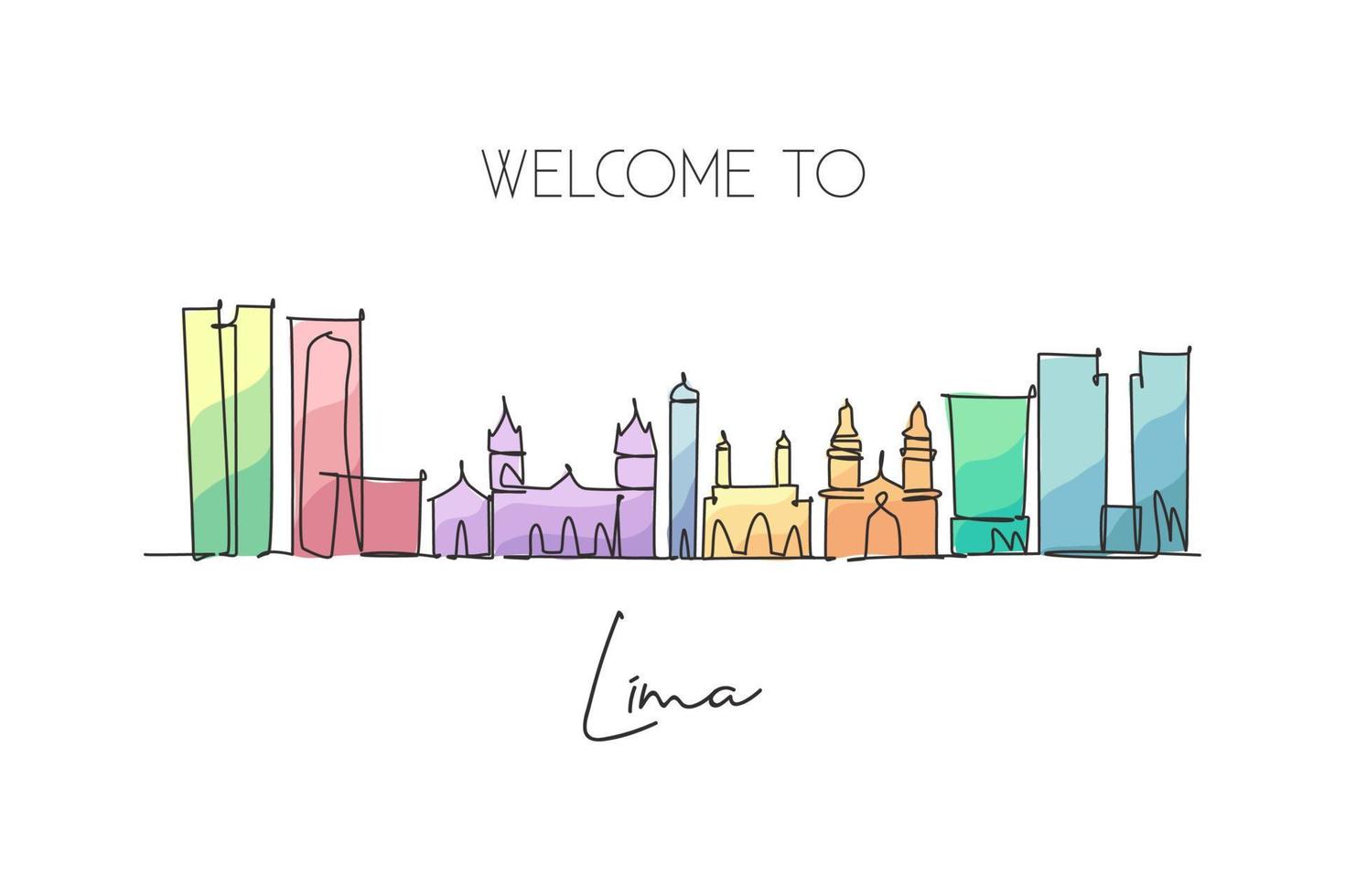 Single continuous line drawing of Lima city skyline, Peru. Famous city scraper landscape. World travel destination concept wall poster. Editable stroke modern one line draw design vector illustration