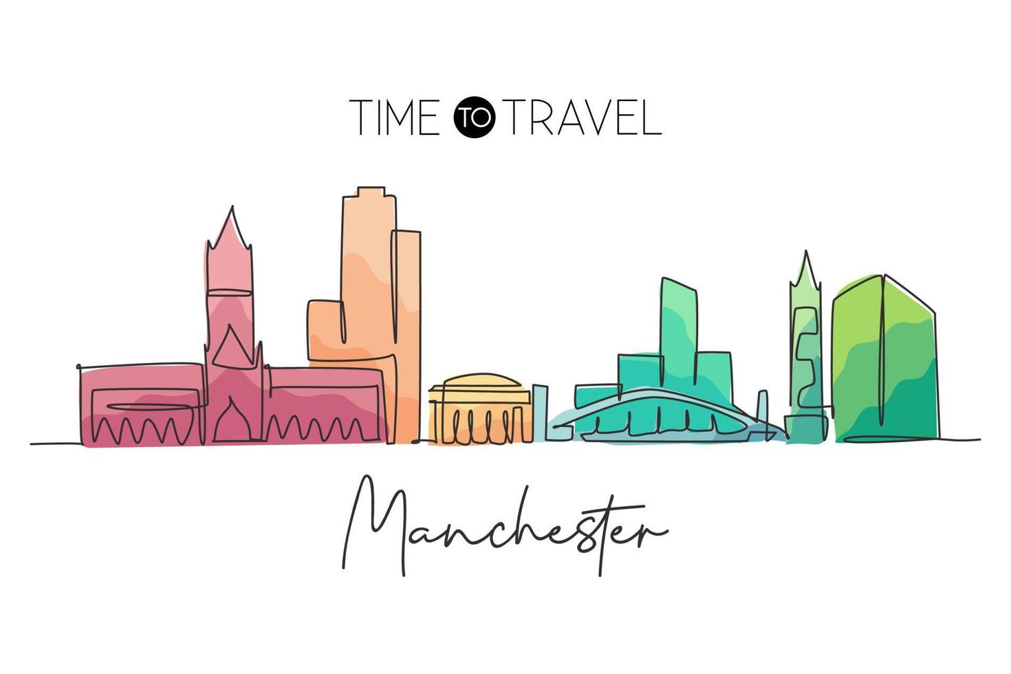 One single line drawing of Manchester city skyline. City skyscraper landscape in world. Best destination holiday wall decor poster art vacation concept. Continuous line draw design vector illustration