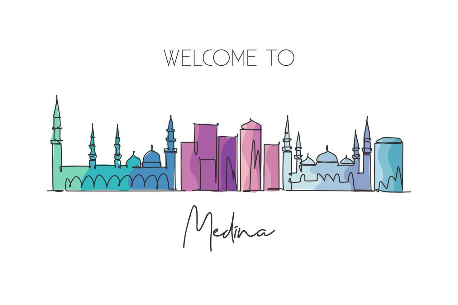 One single line drawing of Medina city skyline, Saudi Arabia. World historical town landscape. Best place holiday destination. Editable stroke trendy continuous line draw design vector illustration