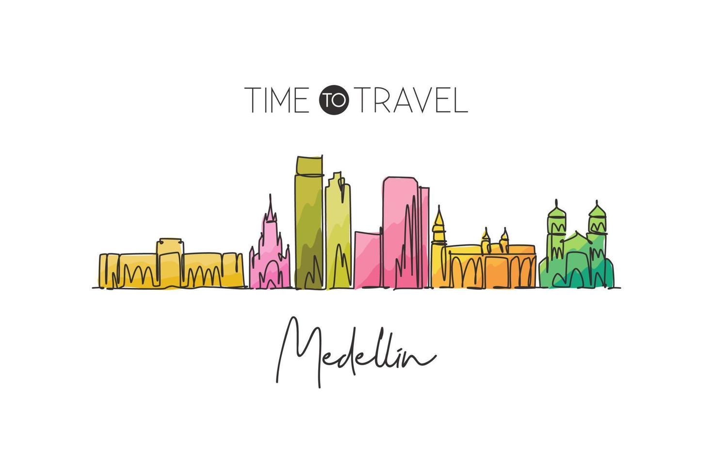 Single continuous line drawing of Medellin city skyline, Colombia. Famous city scraper and landscape. World travel destination concept. Editable stroke modern one line draw design vector illustration