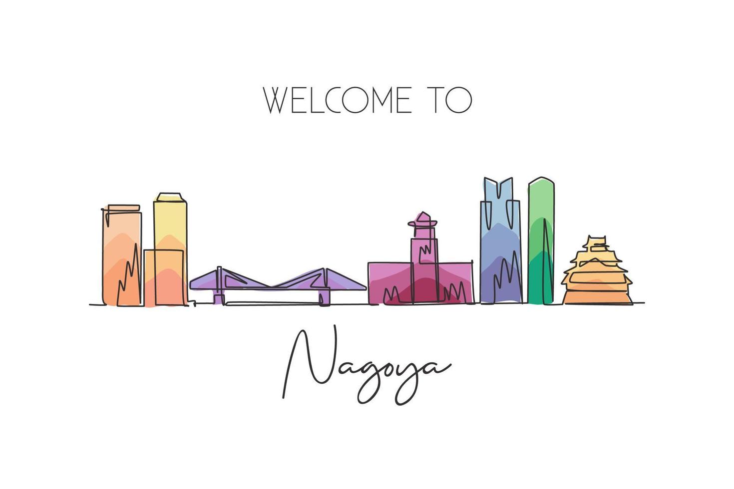 un dibujo de una sola línea del horizonte de la ciudad de nagoya, japón. paisaje histórico de la ciudad en el mundo. mejor cartel de destino de vacaciones. ilustración de vector de diseño de dibujo de línea continua de moda de trazo editable