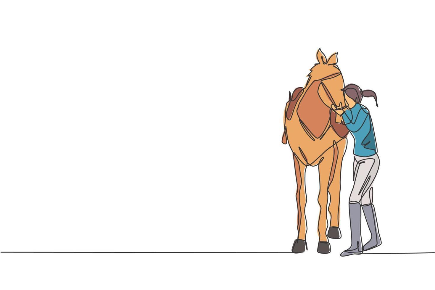 una sola línea dibujando a una joven jinete abrazando y frotando su pelo de caballo en una ilustración vectorial estable. concepto de competición de espectáculo deportivo ecuestre. diseño moderno de dibujo de línea continua vector