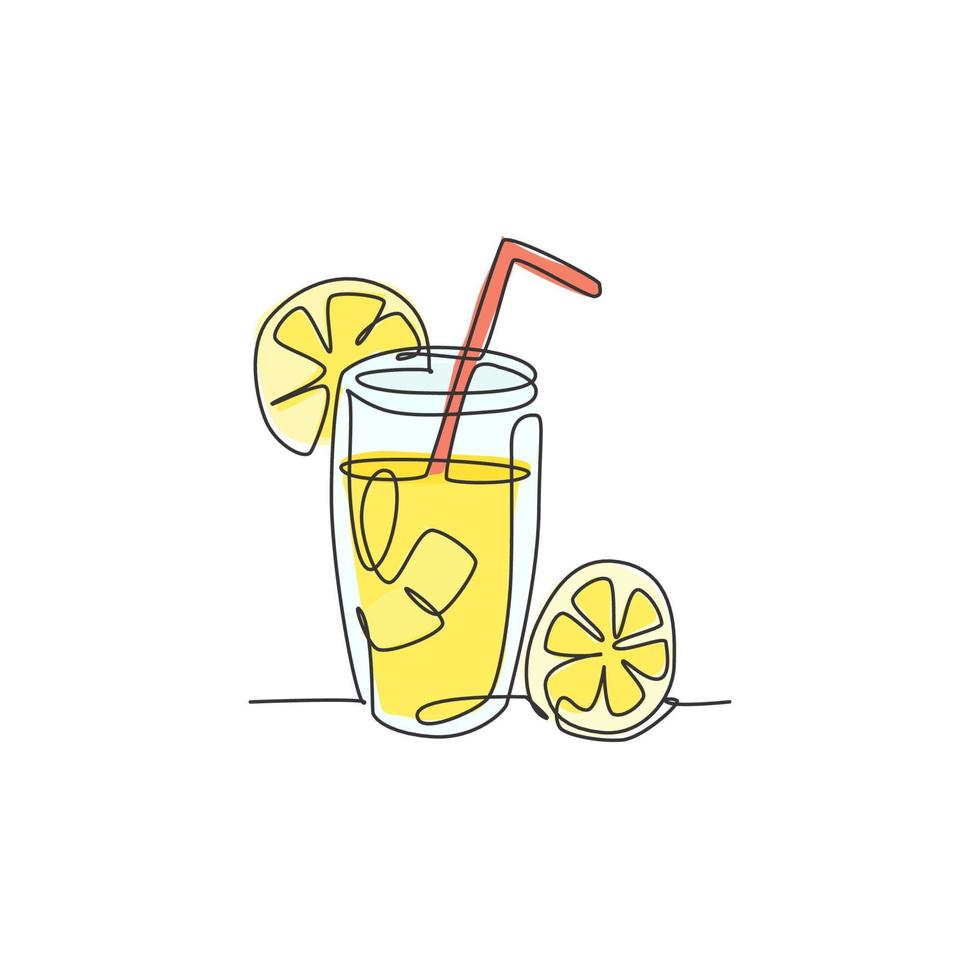 One continuous line drawing of fresh delicious lemonade ice with sliced lemon for restaurant menu. Drink cafe shop logotype template concept. Modern single line draw design vector graphic illustration