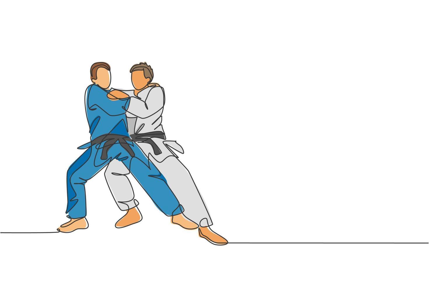 One continuous line drawing of two young sporty men training judo technique at sport hall. Jiu jitsu battle fight sport competition concept. Dynamic single line draw design graphic vector illustration