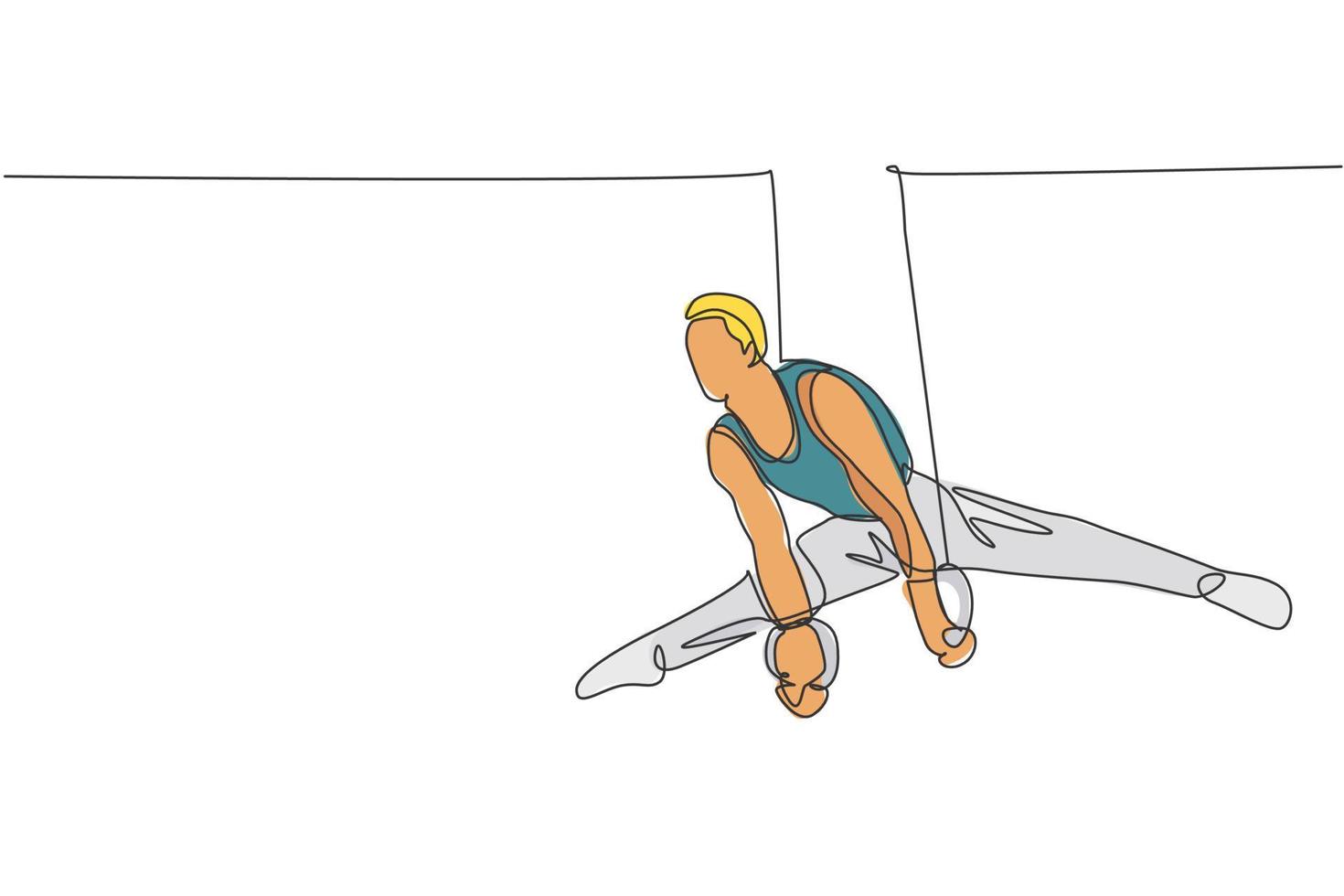 un dibujo de línea continua de un joven ejerciendo anillos constantes en gimnasia. atleta gimnasta en leotardo. deporte saludable y concepto activo. Gráfico dinámico de ilustración vectorial de diseño de dibujo de una sola línea vector