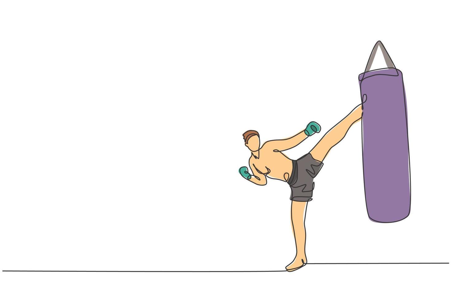 dibujo de una sola línea continua de un joven deportista haciendo ejercicio de kickboxer pateando un saco de boxeo en el pabellón deportivo. concepto de deporte de kickboxing de competición de lucha. ilustración de vector de diseño de dibujo de una línea de moda