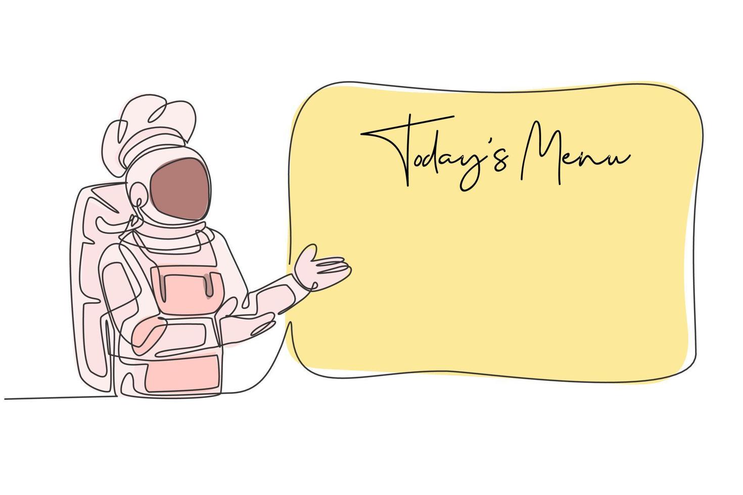 One single line drawing of young astronaut chef showing today's menu list on sign board vector illustration. Delicious dish space galaxy cafe concept. Modern continuous line draw design graphic