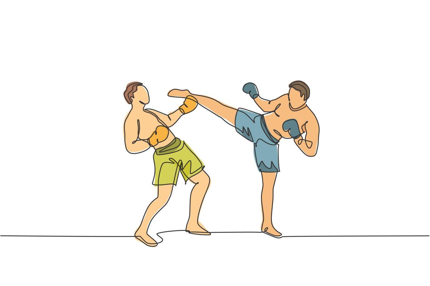 un dibujo de una sola línea de un joven y enérgico kickboxer practica una pelea de combate con su compañero en la ilustración vectorial de la arena de boxeo. concepto de deporte de estilo de vida saludable. diseño moderno de dibujo de línea continua vector