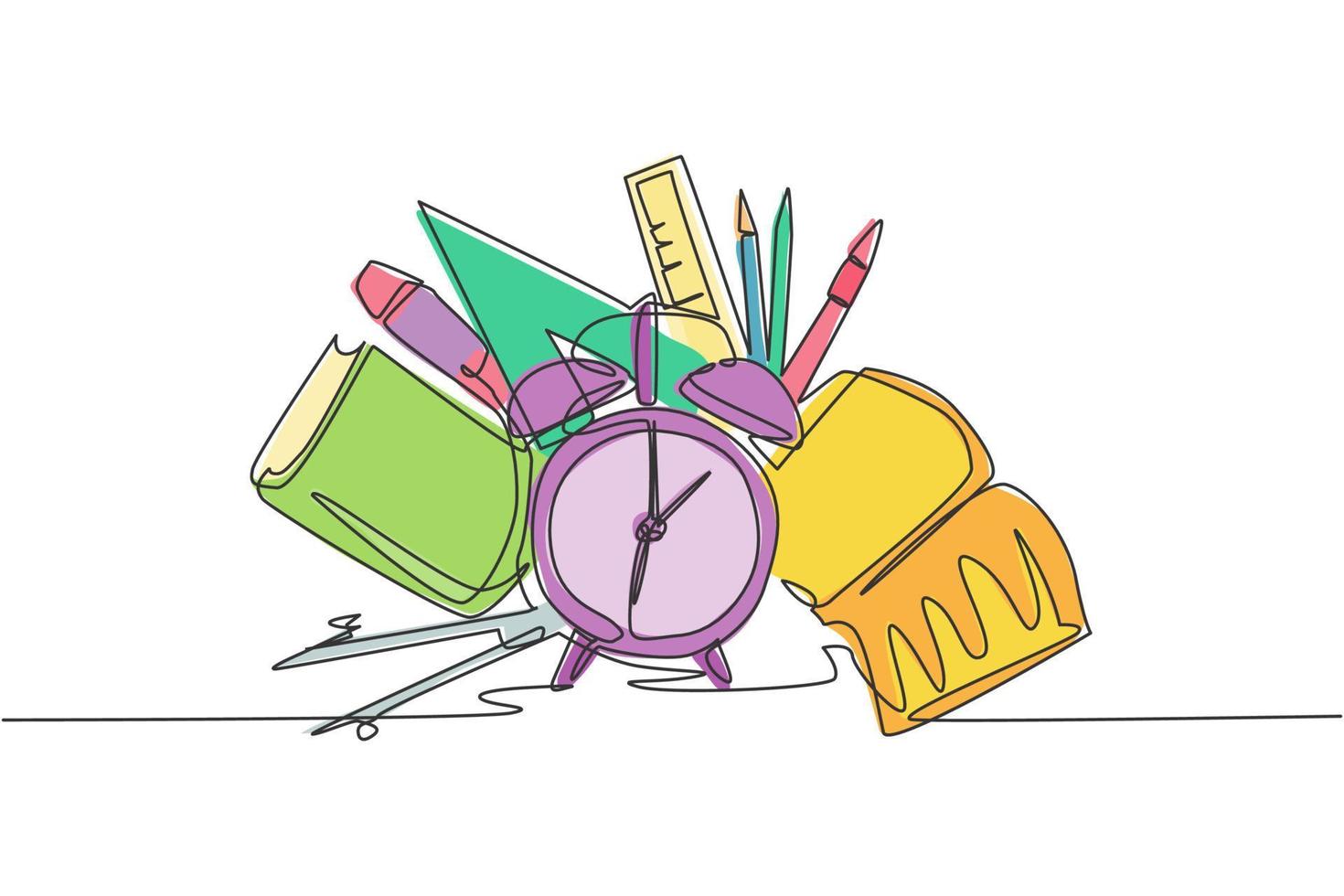 Single continuous line drawing of alarm clock with book, pencil, pen, ruler, compass set. Back to school minimalist style. Education concept. Modern one line draw graphic design vector illustration