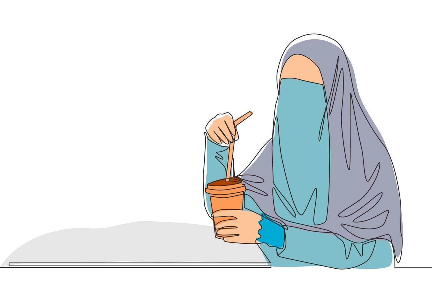 One single line drawing of young pretty Asian muslimah wearing burqa while drinking cup of coffee. Traditional beauty Arabian woman niqab cloth concept continuous line draw design vector illustration