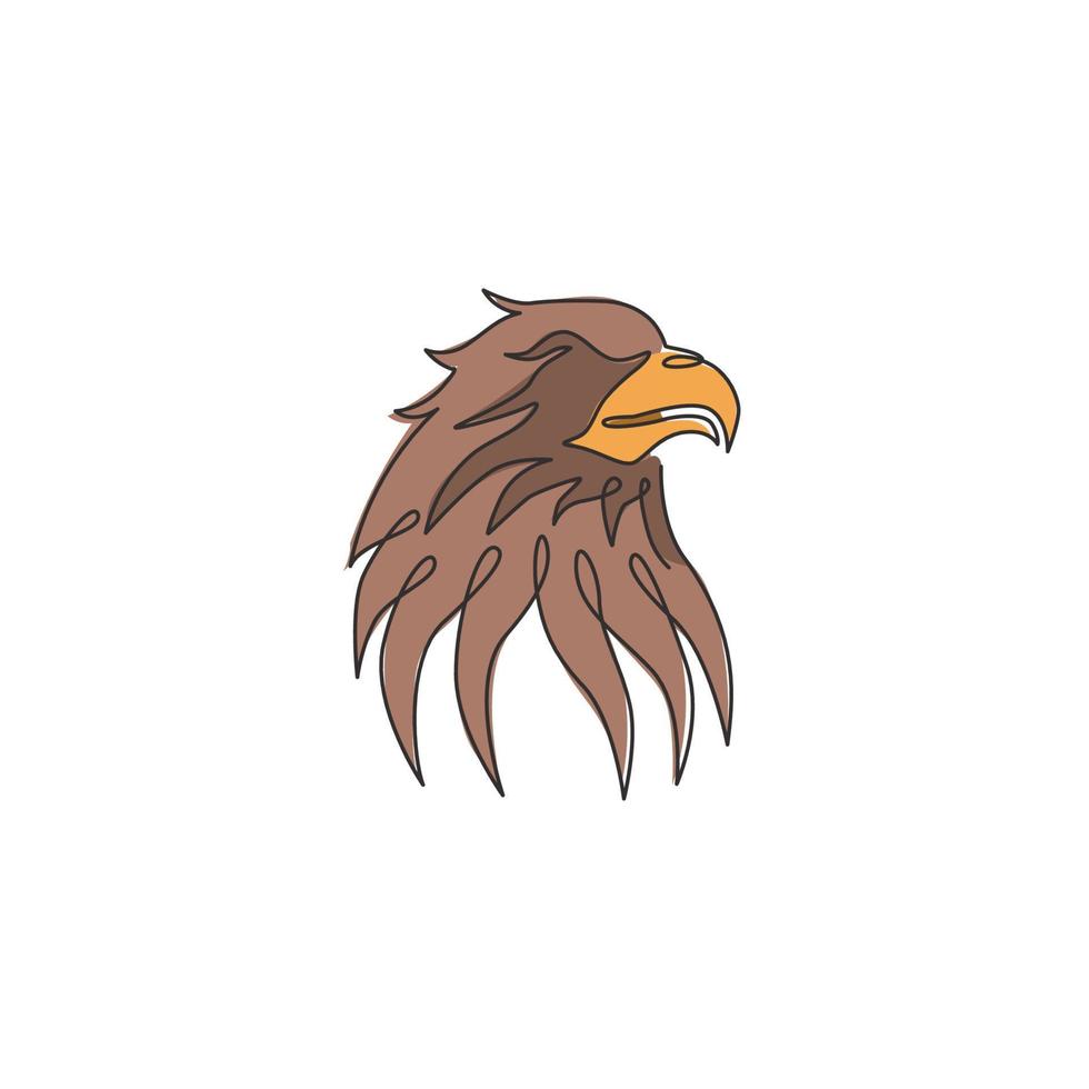 un dibujo de línea continua de una cabeza de águila fuerte para la identidad del logotipo del servicio de entrega. concepto de mascota de halcón para icono de parque conservador de aves. Ilustración de diseño de vector gráfico de dibujo de línea única de moda