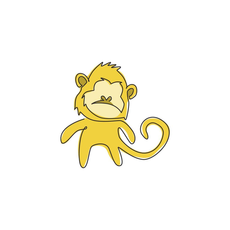 Single continuous line drawing of cute walking monkey for national zoo logo identity. Adorable primate animal mascot concept for circus show icon. One line draw design graphic vector illustration