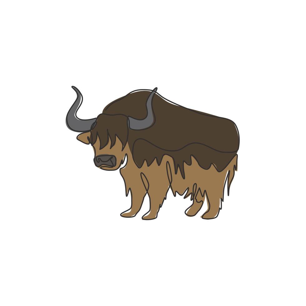 dibujo de una sola línea de yak galante para la identidad del logotipo de la empresa. concepto de mascota de mamífero buey de ganado para el icono del zoológico nacional. Ilustración de vector gráfico de diseño de dibujo de línea continua moderna