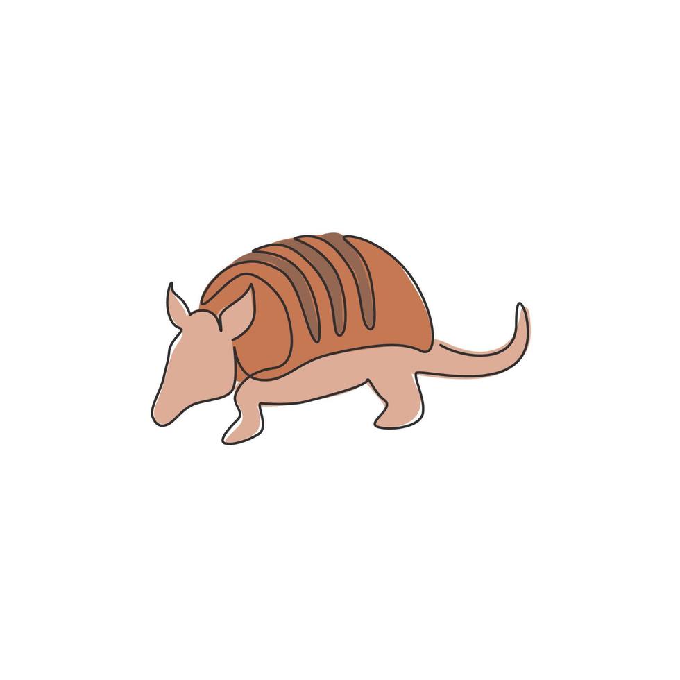 un dibujo de una sola línea de armadillo exótico para la identidad del logotipo de la empresa. concepto de mascota de mamífero de concha blindada coriácea para el icono del parque nacional. Ilustración de vector de diseño de dibujo de línea continua moderna