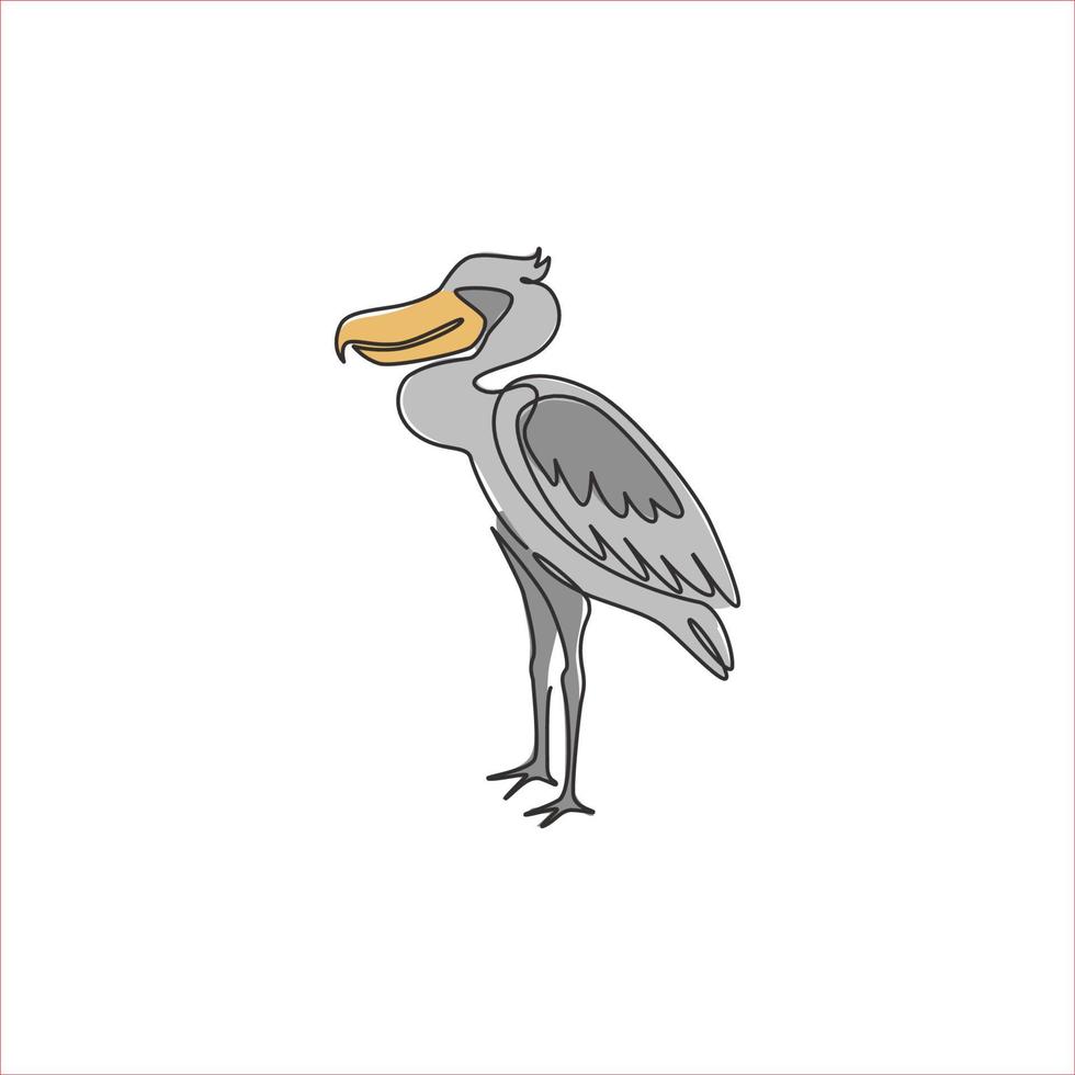 Single continuous line drawing of large adorable shoebill for logo identity. Big prehistoric dinosaur bird mascot concept for conservation park icon. Modern one line draw design vector illustration
