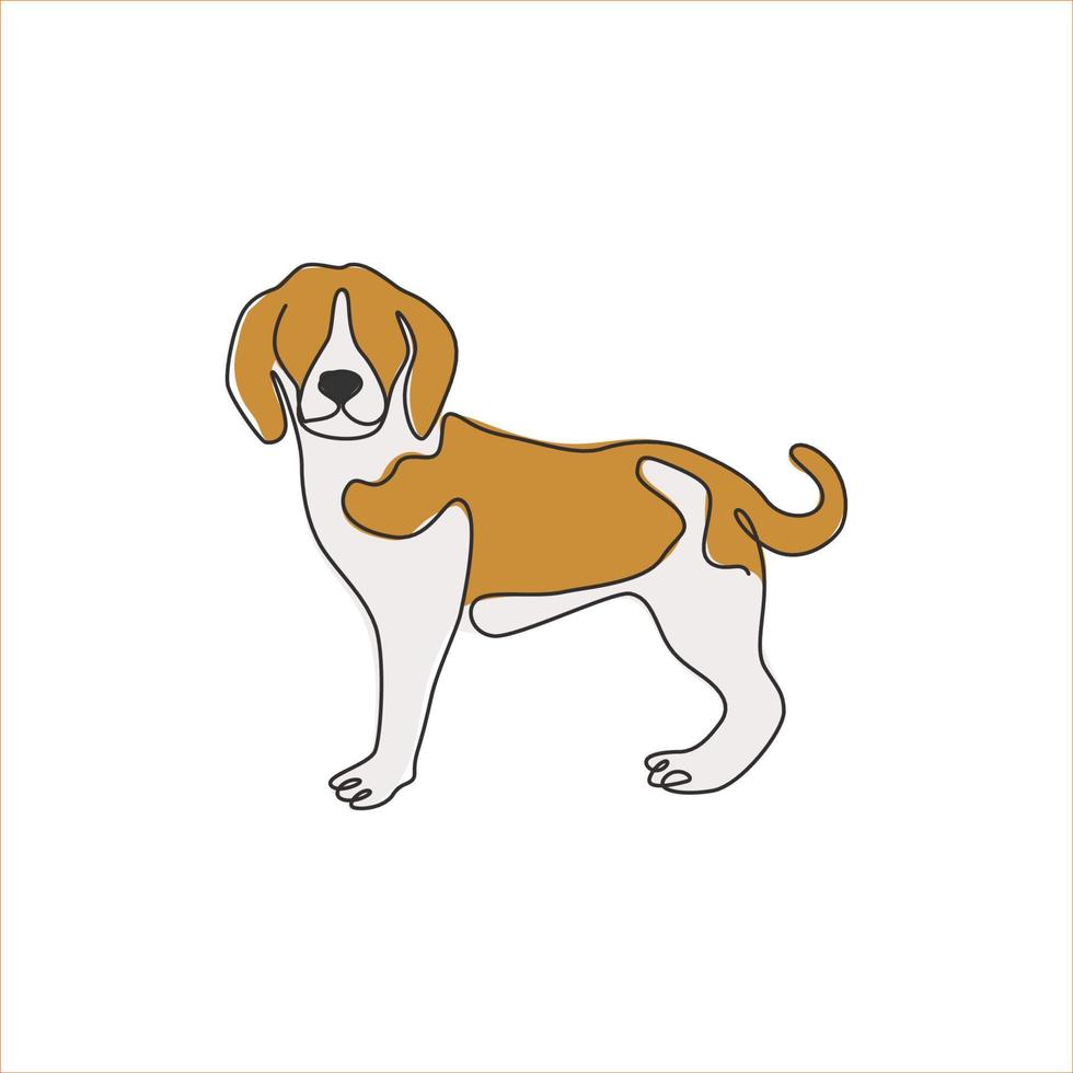 One continuous line drawing of funny beagle dog for company logo identity. Purebred dog mascot concept for pedigree friendly pet icon. Modern single line draw design vector illustration