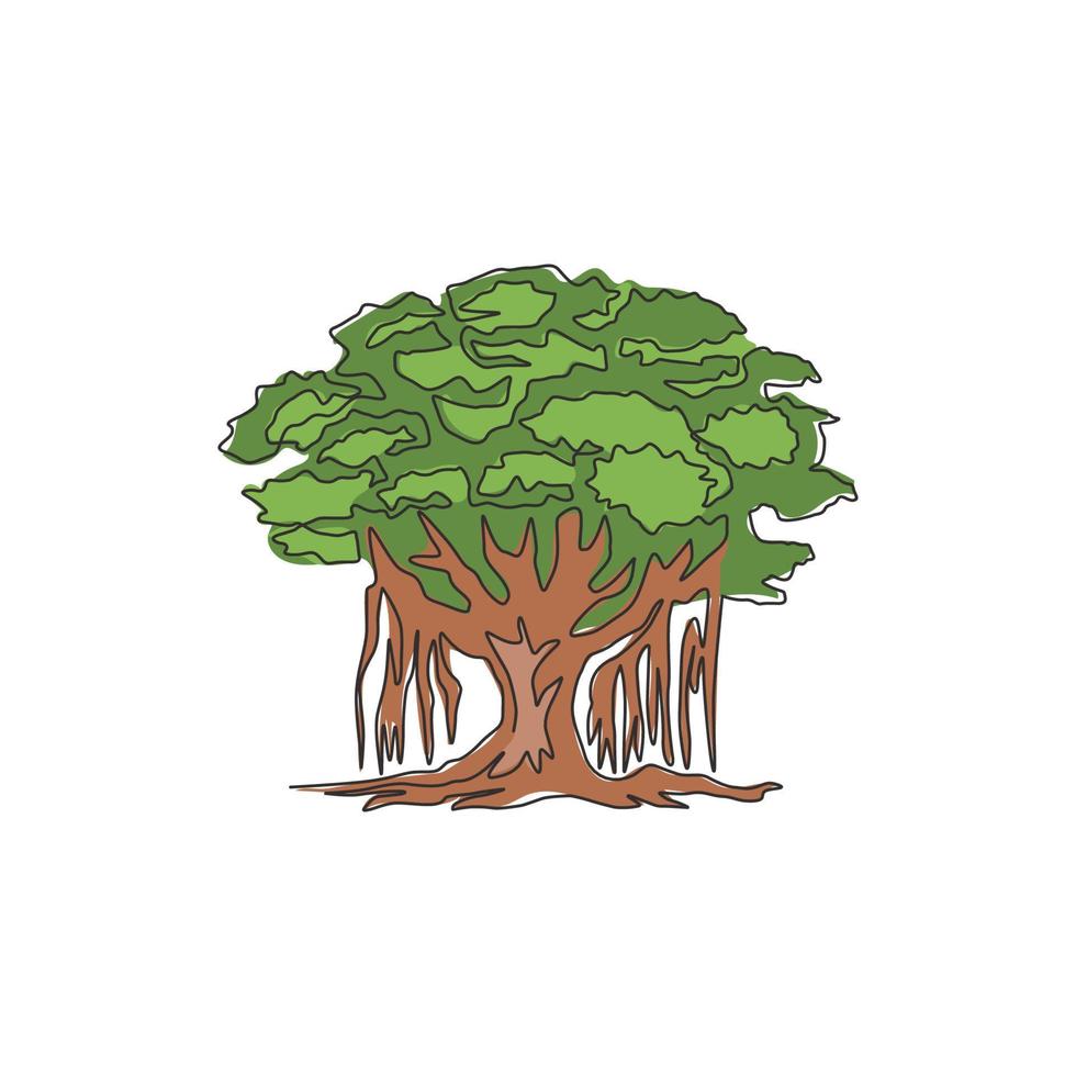 Un dibujo de línea continua, un árbol de banyan sombreado y frondoso para decoración de pared, impresión de póster de arte para el hogar. Planta decorativa de ficus benghalensis para el logotipo del parque nacional. Ilustración de vector de diseño de dibujo de una sola línea